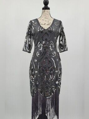 Unique Vintage 1920's Silver Sequin Fringe Flapper Dress Size Small